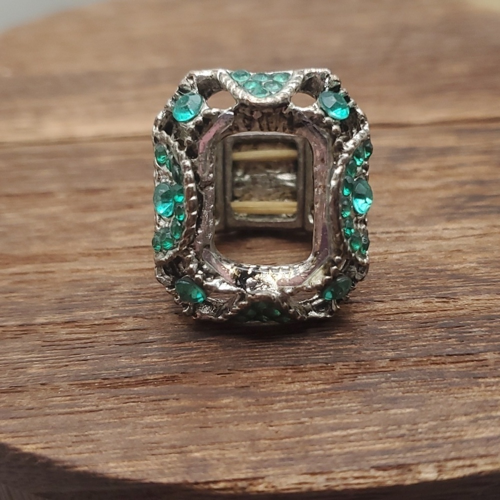 Art deco square emerald cut openwork ring adjustable band stretch R349